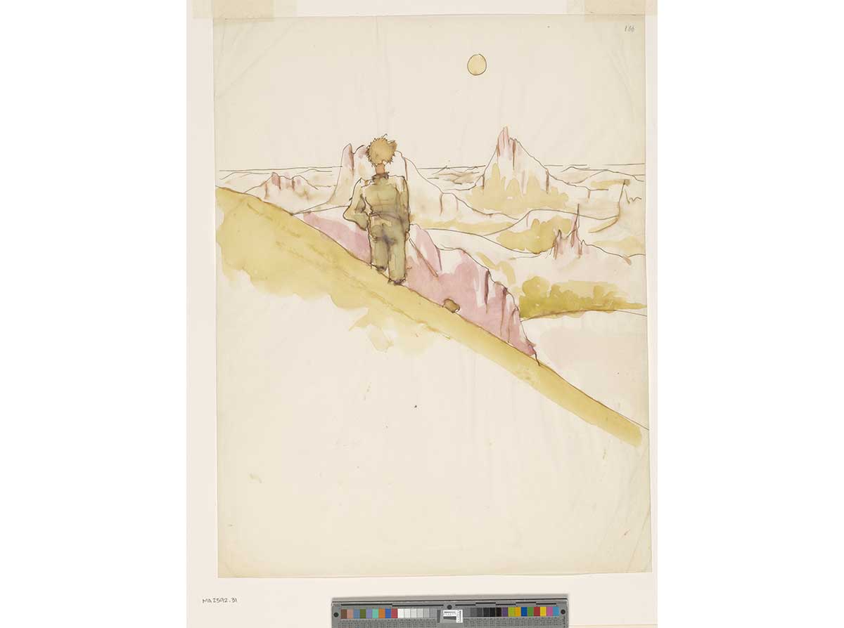 Antoine de Saint-Exupéry’s Le petit prince regardant un massif montagneux, 1942. Watercolor and ink on onionskin paper.