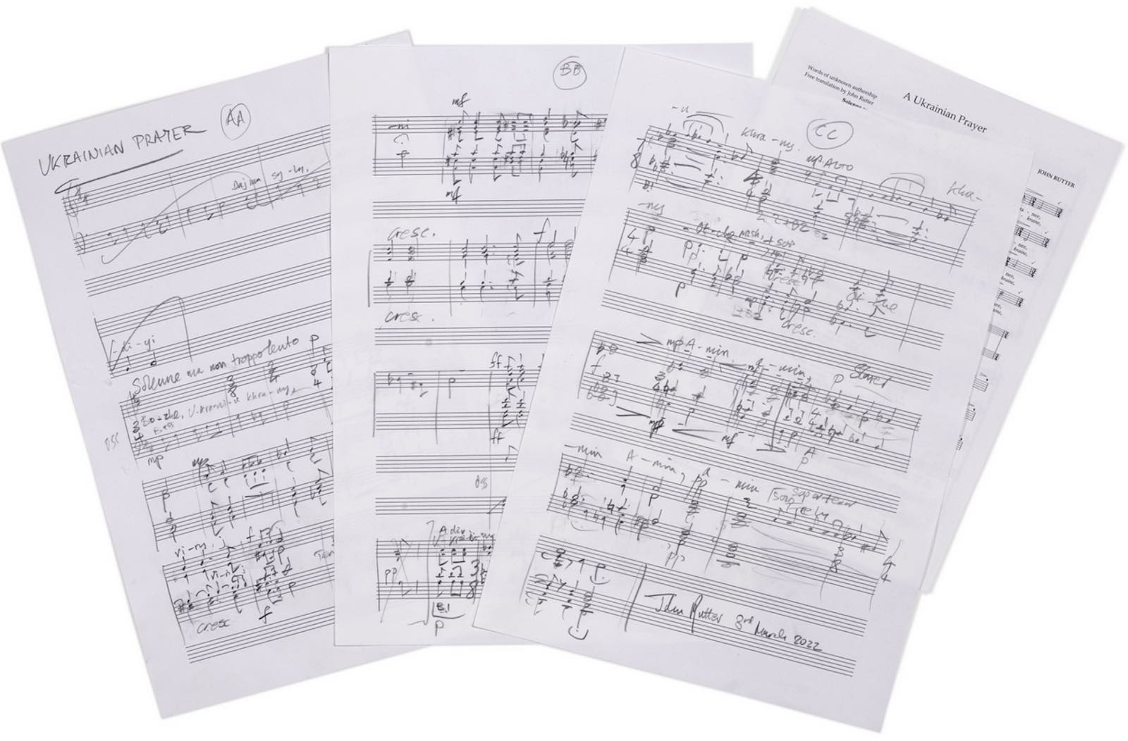 J. Rutter. Autograph composing manuscript of "A Ukrainian Prayer", 2022