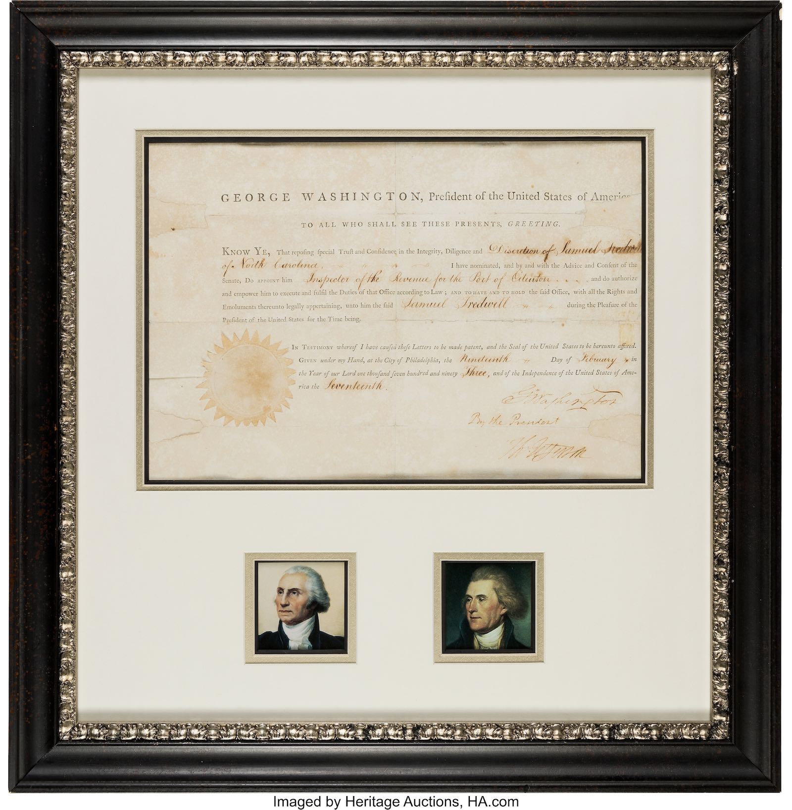 A document signed by George Washington and Thomas Jefferson, appointing Samuel Tredwell of North Carolina to be Inspector of the Revenue for the Port of Edenton