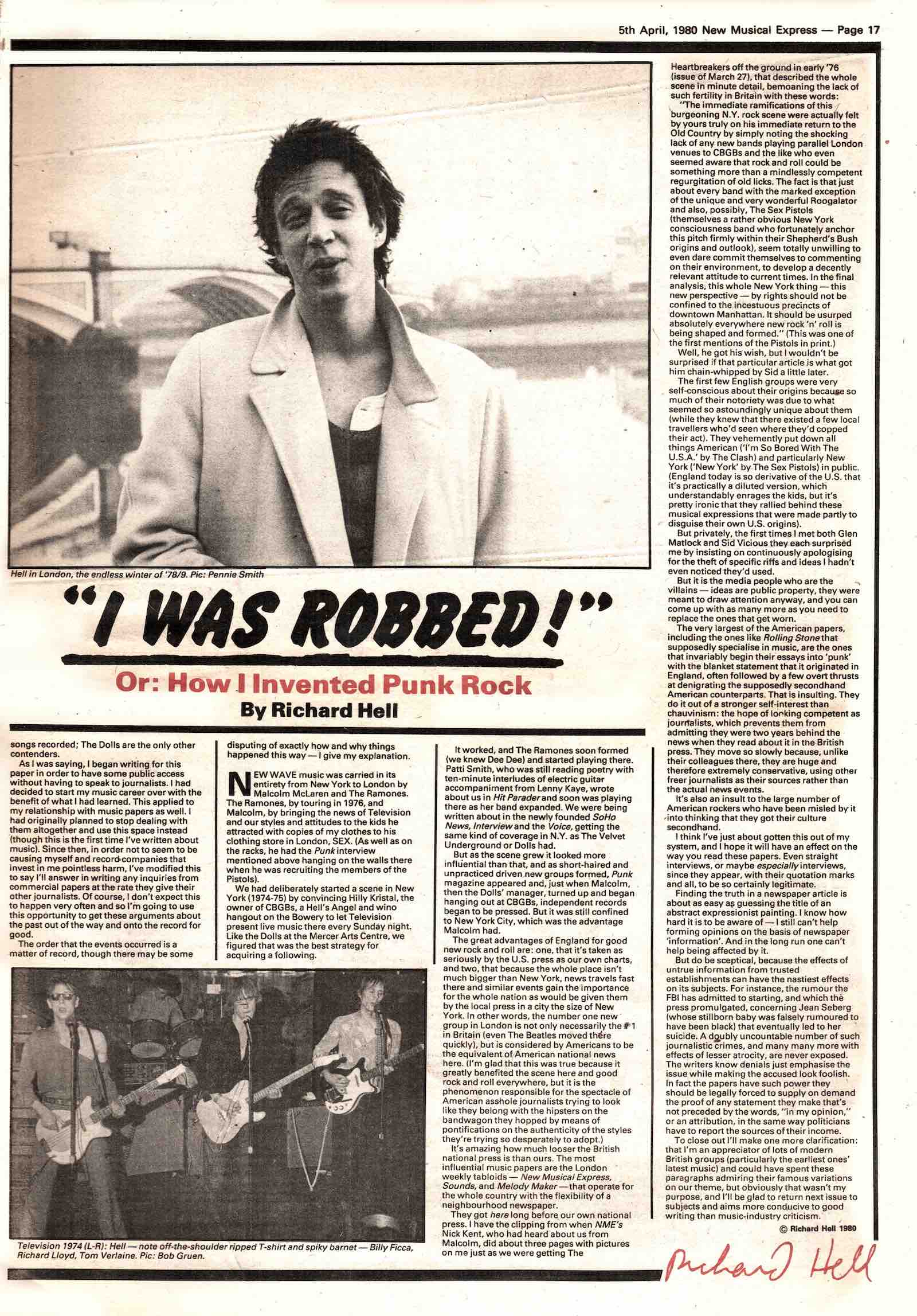 Richard Hell, “I was Robbed!” East Village Eye, April 5, 1980