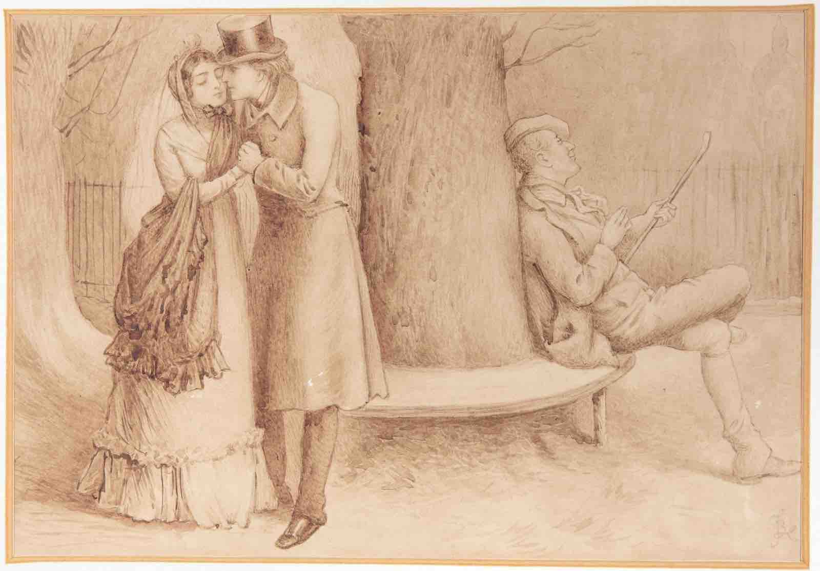 Scene from Dickens's novel Martin Chuzzlewit showing two characters kissing the fog, sepia wash illustration by Fred Barnard