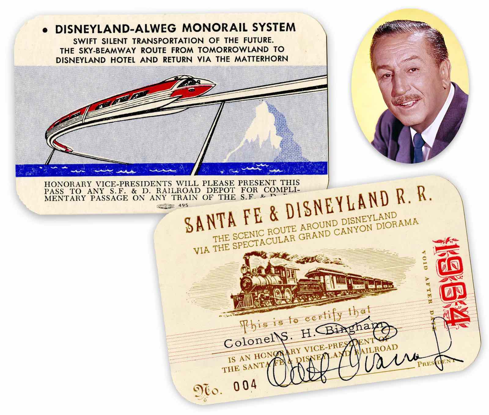 Colorful Walt Disney signed Santa Fe &amp; Disneyland Railroad and monorail pass issued to New York City transit authority director Sidney H. Bingham, circa 1959 (est. $8,000-$10,000)