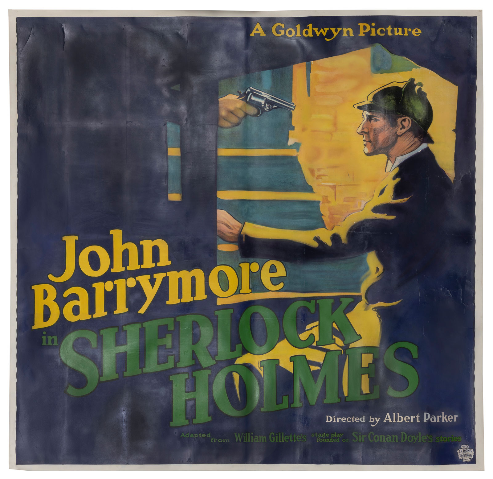 a 1922 six-sheet poster for John Barrymore in Sherlock Holmes published in New York by J. H. Tooker Printing Company