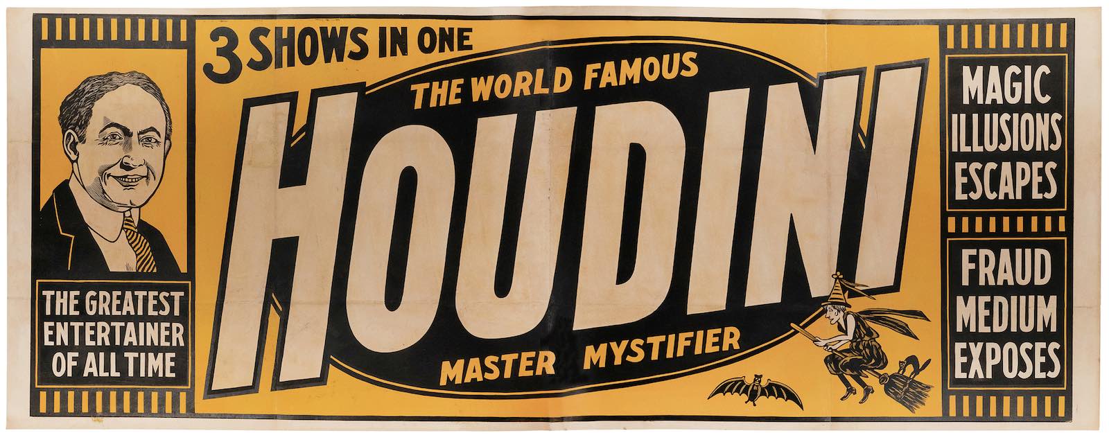 Lot #183, a billboard-type poster for Harry Houdini's 3 Shows In One. The World Famous Houdini. Master Mystifier