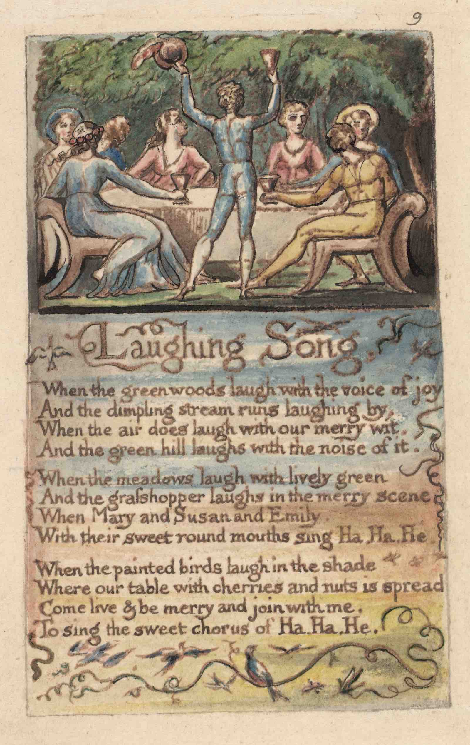 Laughing Song, from Songs of Innocence and of Experience, Plate 9 of Copy E, printed by 1806 William Blake. Relief etching with watercolor. The Huntington Library, Art Museum, and Botanical Gardens, San Marino.