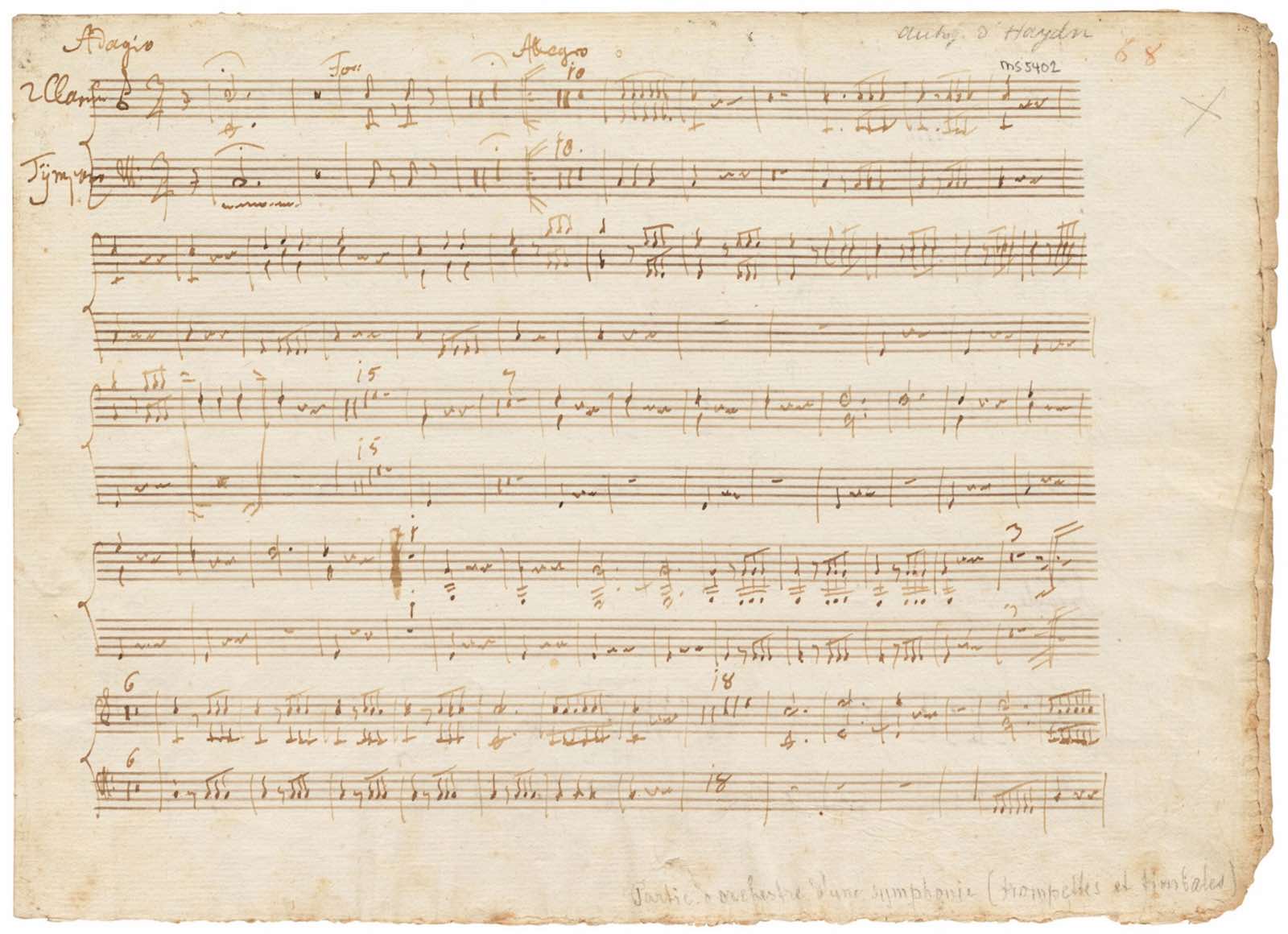 Haydn's autograph music manuscript of performance parts for Symphony no. 90 in C major