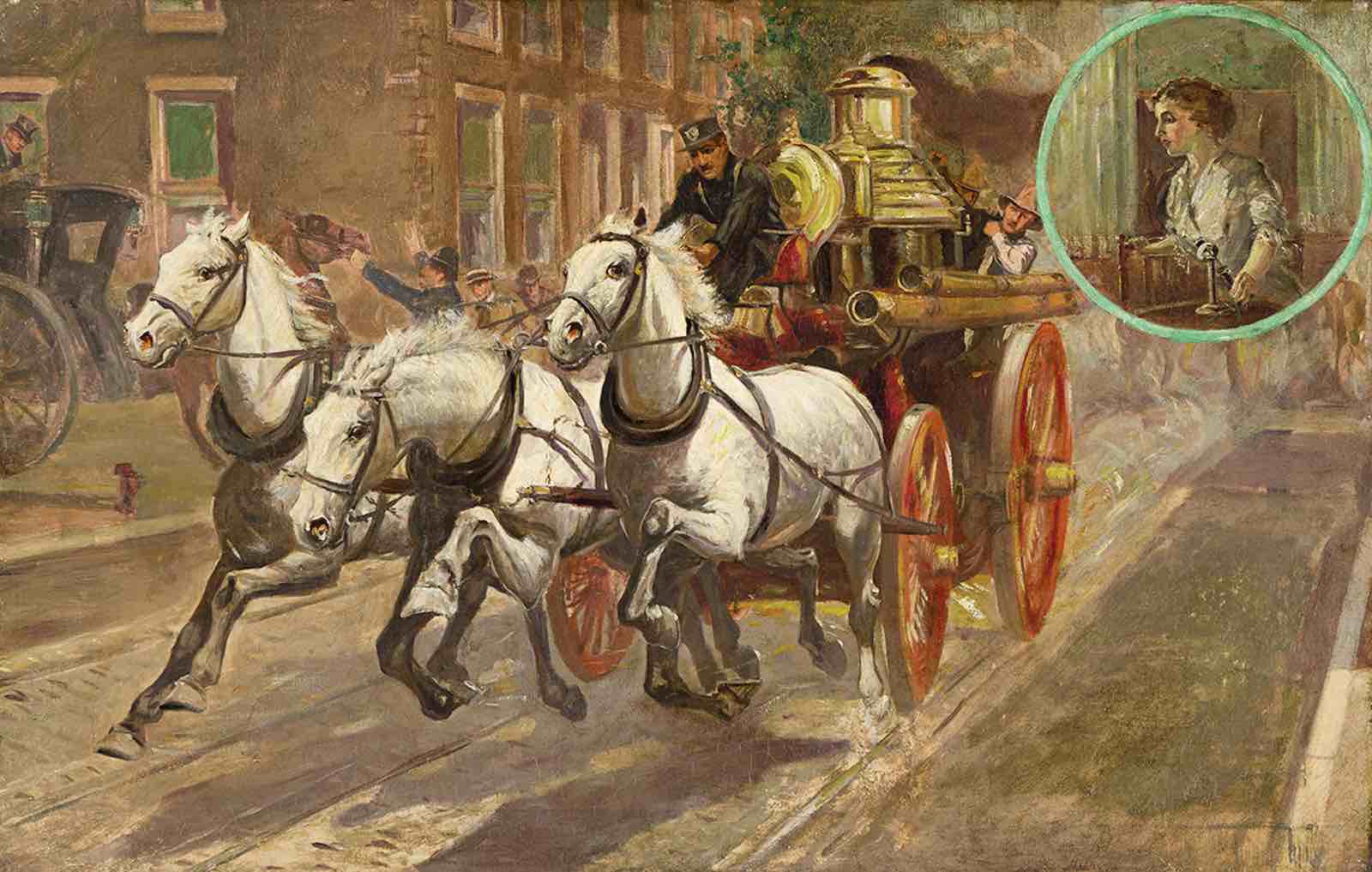 George Fort Gibbs, Bell telephone gives instant alarms, oil on board, Bell Telephone Company postcard, circa 1998. Estimate $30,000 to $50,000.