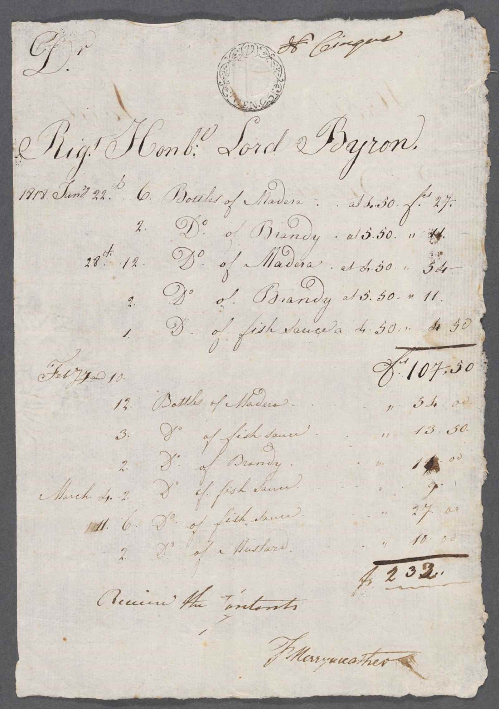 Francis Merryweather, Byron’s wine bill (January 22, 1818).