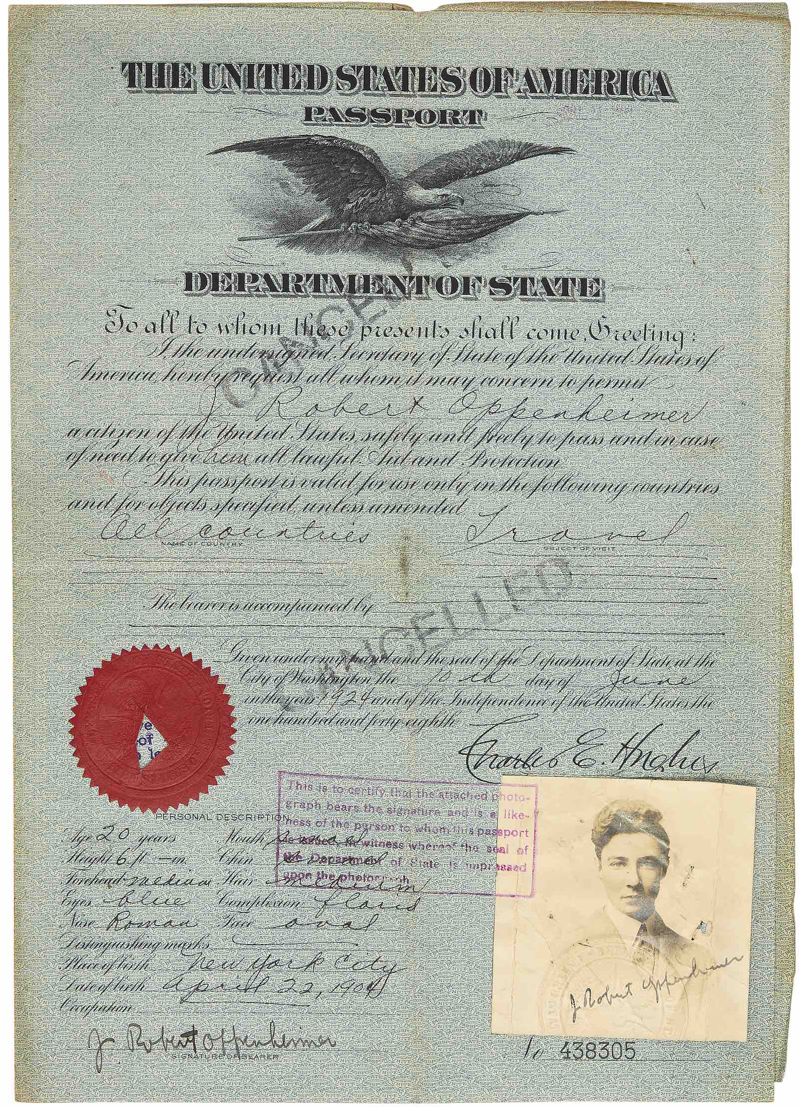 Robert Oppenheimer's passport with photograph for 1924, signed twice ("J. Robert Oppenheimer"), 10 June 1924[-26]. Estimate: £15,000 - 25,000