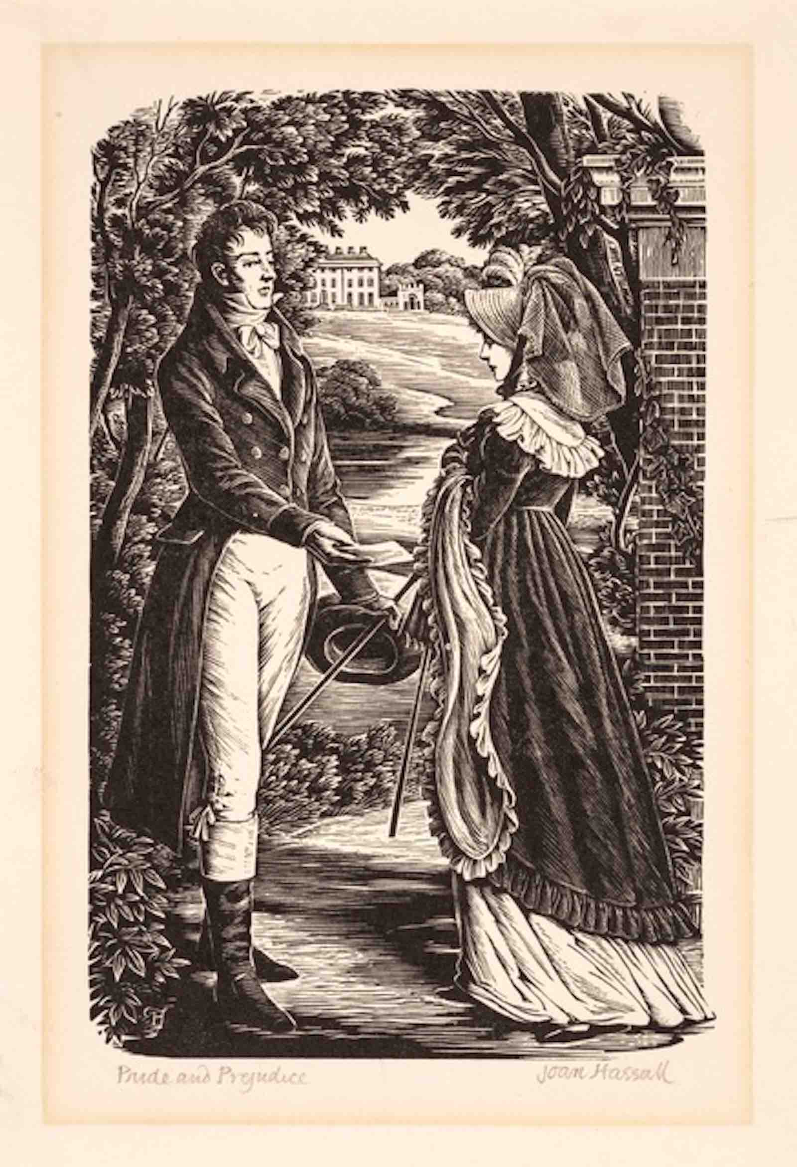 Pride and Prejudice frontispiece, Joan Hassall, wood engraving, 1957, showing Elizabeth and Mr Darcy.