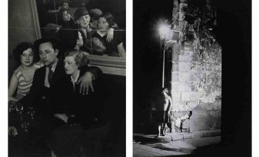 Left, Brassaï, A happy group at the Quartre Saisons (Groupe joyeux au bal musette de Quatre-Saisons), c.1932. Gelatin silver print. Right: Brassaï, Girls in miniskirts at Les Halles (Filles aux Halles en Mini-jupe), 1930s Gelatin silver print.