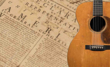One of The Huntington’s annotated July 1776 printings of the Declaration of Independence and a 1936 acoustic guitar owned by Woody Guthrie