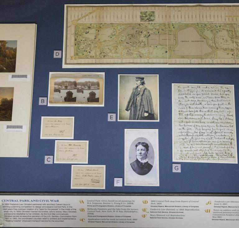 Exhibits detailing Frederick Law Olmsted's role in designing Central Park and his role in the Civil War