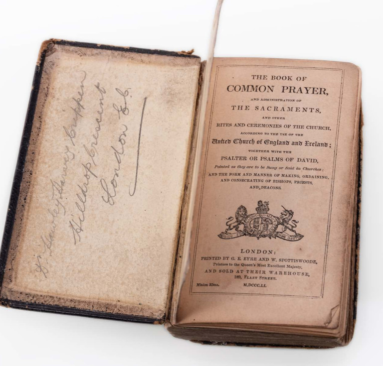 The prayer book with Dr Crippen’s name and address written inside the front cover